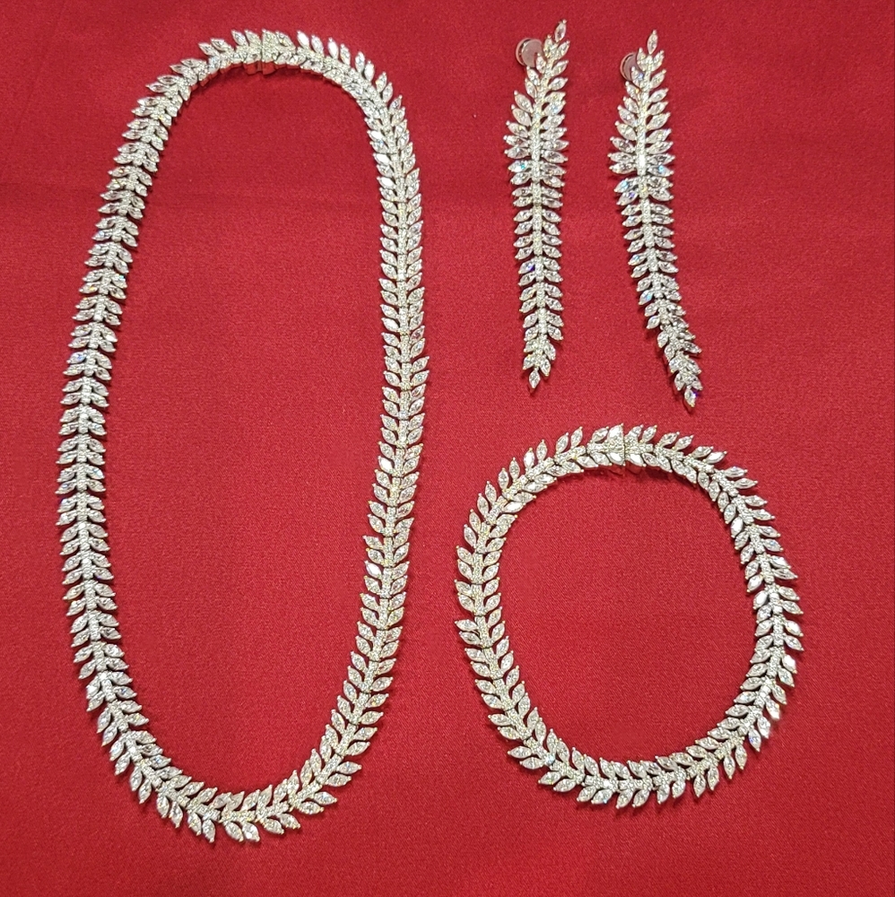 apm monaco Platnium over 925 Silver Olive Leaf Necklace Bracelet Earing set New